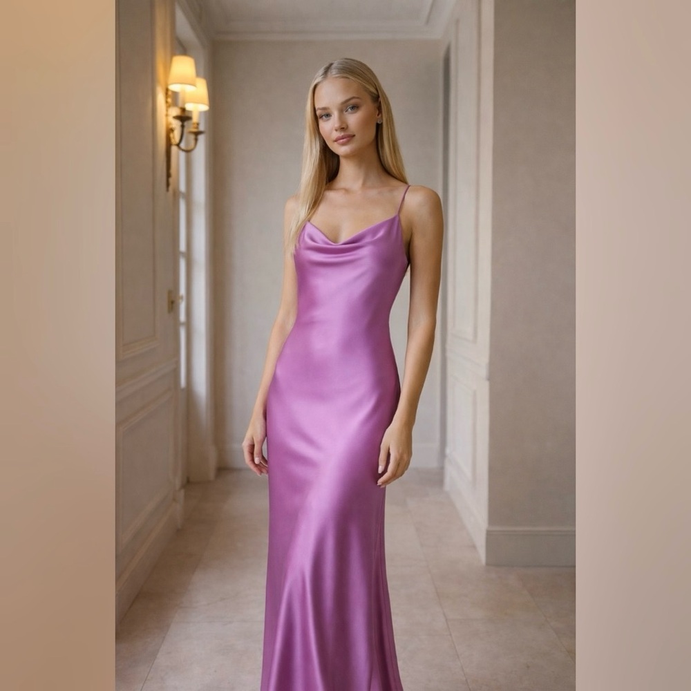 Pink Satin Maxi Slip Dress Cowl Neck Bias Cut Evening Gown XS Screen Worn TV